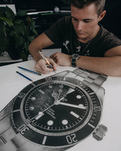 Load image into Gallery viewer, "Black Bay Then & Now" Watch Drawing — Horological Art Print by Artist Tamás Fehér