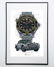 Load image into Gallery viewer, Omega Seamaster 300M & James Bond's Aston Martin Watch Drawing — Horological Art Print by Artist Ben Li
