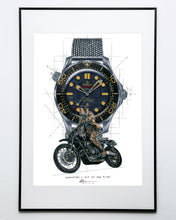 Load image into Gallery viewer, Omega Seamaster 300M & James Bond's Triumph Watch Drawing — Horological Art Print by Artist Ben Li