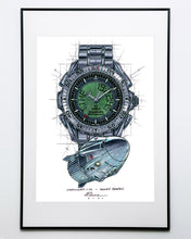 Load image into Gallery viewer, Omega Speedmaster X-33 Watch Drawing & SpaceX Dragon Tribute — Horological Art Print by Artist Ben Li