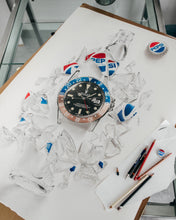 Load image into Gallery viewer, Tribute To The Pepsi GMT Watch Drawing — Horological Art Print by Artist Tamás Fehér