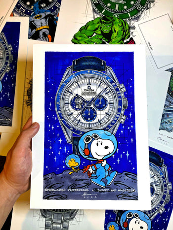 Omega Moonwatch Snoopy Award 50th Anniversary Watch Drawing — Horological Art Print by Artist Ben Li
