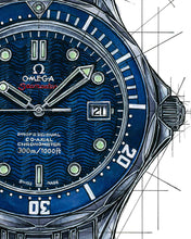 Load image into Gallery viewer, Omega Seamaster & James Bond Casino Royale Watch Drawing — Horological Art Print by Artist Ben Li
