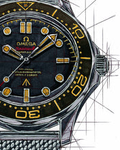 Load image into Gallery viewer, Omega Seamaster 300M & James Bond's Aston Martin Watch Drawing — Horological Art Print by Artist Ben Li