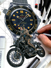 Load image into Gallery viewer, Omega Seamaster 300M & James Bond's Triumph Watch Drawing — Horological Art Print by Artist Ben Li