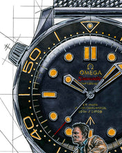 Load image into Gallery viewer, Omega Seamaster 300M & James Bond's Triumph Watch Drawing — Horological Art Print by Artist Ben Li