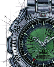 Load image into Gallery viewer, Omega Speedmaster X-33 Watch Drawing & SpaceX Dragon Tribute — Horological Art Print by Artist Ben Li
