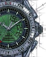 Load image into Gallery viewer, Omega Speedmaster X-33 Watch Drawing & SpaceX Dragon Tribute — Horological Art Print by Artist Ben Li