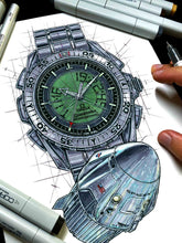 Load image into Gallery viewer, Omega Speedmaster X-33 Watch Drawing & SpaceX Dragon Tribute — Horological Art Print by Artist Ben Li