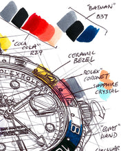 Load image into Gallery viewer, Rolex GMT-Master II Watch Drawing "Deconstructed" — Horological Art Print by Artist Ben Li