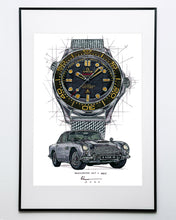 Load image into Gallery viewer, Omega Seamaster 300M &amp; James Bond&#39;s Aston Martin Watch Drawing — Horological Art Print by Artist Ben Li