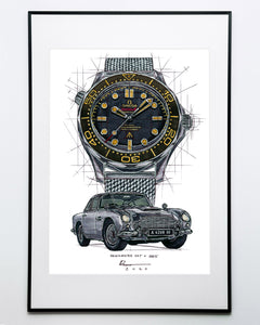 Omega Seamaster 300M & James Bond's Aston Martin Watch Drawing — Horological Art Print by Artist Ben Li