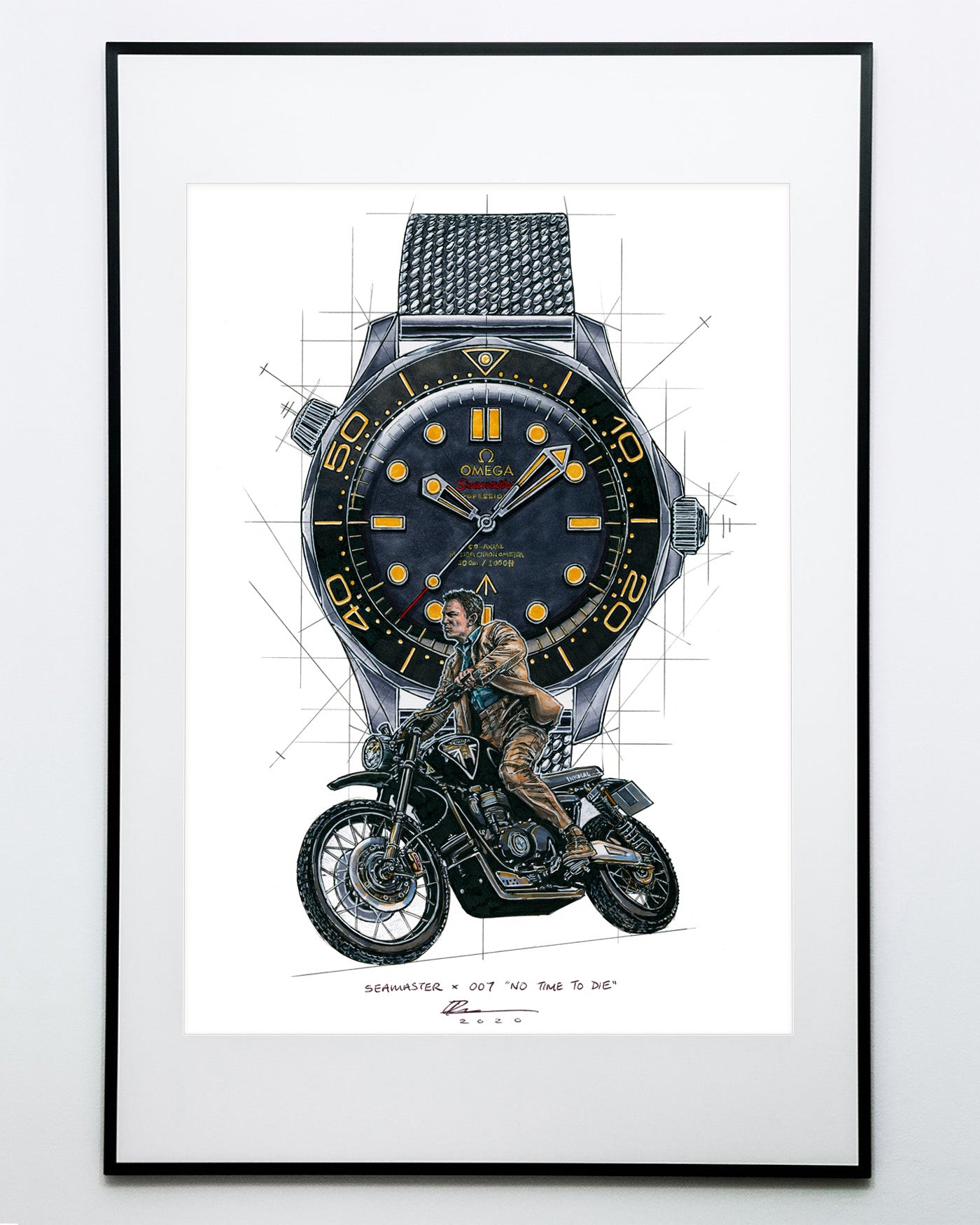 Omega Seamaster 300M James Bond s Triumph Watch Drawing Horological Art Print by Artist Ben Li