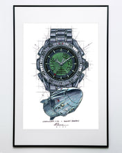 Load image into Gallery viewer, Omega Speedmaster X-33 Watch Drawing &amp; SpaceX Dragon Tribute — Horological Art Print by Artist Ben Li