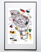 Load image into Gallery viewer, Rolex GMT-Master II Watch Drawing &quot;Deconstructed&quot; — Horological Art Print by Artist Ben Li