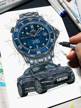 Load image into Gallery viewer, Omega Seamaster &amp; James Bond Casino Royale Watch Drawing — Horological Art Print by Artist Ben Li