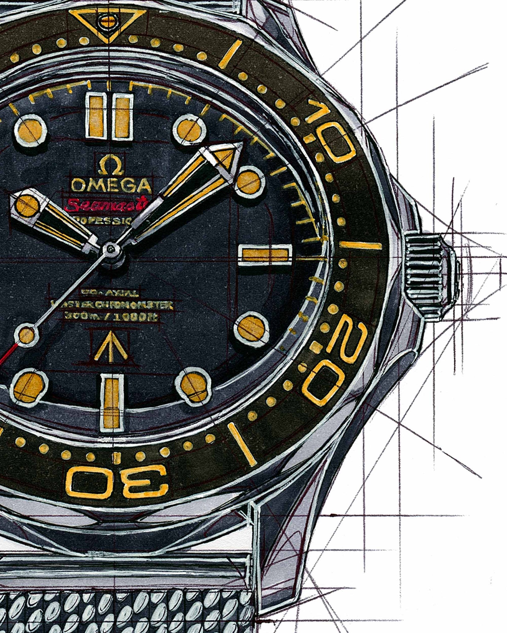 Omega Machine Drawings Watch Drawing Tribute To Omega Seamaster 300M & Bond's DB5 By Ben Li ...