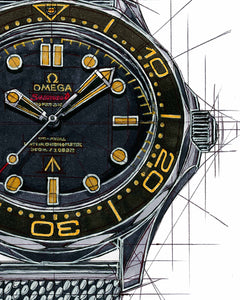 Omega Seamaster 300M & James Bond's Aston Martin Watch Drawing — Horological Art Print by Artist Ben Li