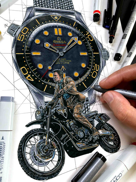Omega Seamaster 300M & James Bond's Triumph Watch Drawing — Horological Art Print by Artist Ben Li