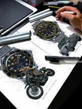 Load image into Gallery viewer, Omega Seamaster 300M &amp; James Bond&#39;s Triumph Watch Drawing — Horological Art Print by Artist Ben Li