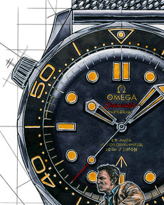 Omega Seamaster 300M & James Bond's Triumph Watch Drawing — Horological Art Print by Artist Ben Li
