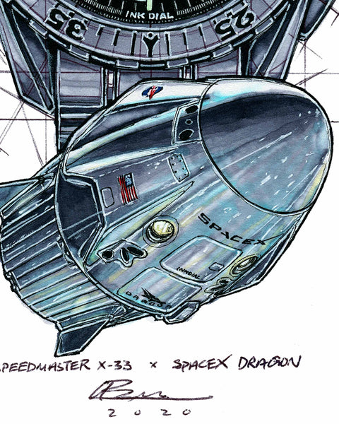 Omega Speedmaster X-33 Watch Drawing & SpaceX Dragon Tribute — Horological Art Print by Artist Ben Li
