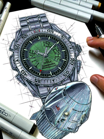 Omega Speedmaster X-33 Watch Drawing & SpaceX Dragon Tribute — Horological Art Print by Artist Ben Li