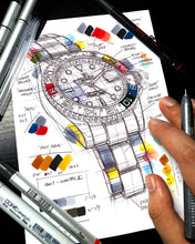 Load image into Gallery viewer, Rolex GMT-Master II Watch Drawing &quot;Deconstructed&quot; — Horological Art Print by Artist Ben Li