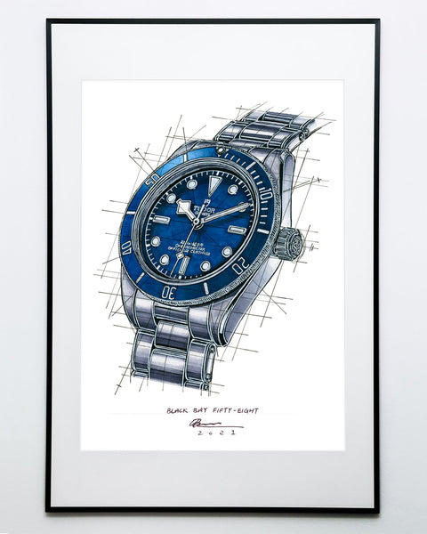 Tudor Black Bay BB58 Navy Blue Watch Tribute — Horological Art Print by Artist Ben Li